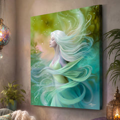 Green and blue Elemental goddess canvas art print of Mystrielle of the Flows by Primal Painter. Hanging on a taupe wall. 