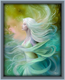Fantasy art print of Mystrielle of the Elemental Realm, messenger of flow, air and water, blue and green currents, art by Primal Painter. Framed