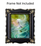 Fantasy art print of Mystrielle of the Elemental Realm, messenger of flow, air and water, blue and green currents, art by Primal Painter. Text says Frame Not Included