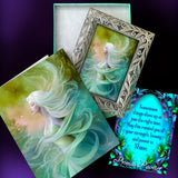 Gift set of a framed mini print, matching story card, blessing card and gift box featuring Mystrelle of the Elemental Realm by Primal Painter. Air and Water Theme