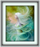 Fantasy art print of Mystrielle of the Elemental Realm, messenger of flow, air and water, blue and green currents, art by Primal Painter.  Matted and framed