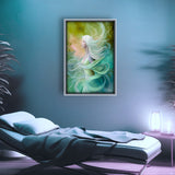 Fantasy art print of Mystrielle of the Elemental Realm, messenger of flow, air and water, blue and green currents, art by Primal Painter. Framed in a massage therapy room