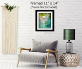Fantasy art print of Mystrielle of the Elemental Realm, messenger of flow, air and water, blue and green currents, art by Primal Painter. Framed on a wall over a chair