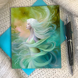 Illustrated art card in flowing watery blues and greens featuring Mystreille of the Elemental Realm, by Primal Painter. Blue envelope