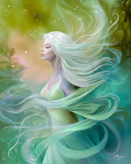 Fantasy art print of Mystrielle of the Elemental Realm, messenger of flow, air and water, blue and green currents, art by Primal Painter. 