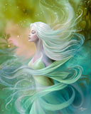 Fantasy art print of Mystrielle of the Elemental Realm, messenger of flow, air and water, blue and green currents, art by Primal Painter. 