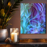 Abstract art canvas print with swooping botanical elements in blue, purple, and teal by Primal Painter. Displayed on a lavender wall. Hanging above a shelf with a candle
