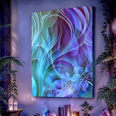 Abstract art canvas print with swooping botanical elements in blue, purple, and teal by Primal Painter. Displayed on a lavender wall.