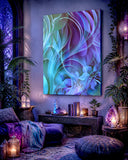 Abstract art canvas print with swooping botanical elements in blue, purple, and teal by Primal Painter. Displayed on a lavender wall in a meditation sanctuary. 