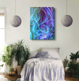 Swirling abstract camvas art in purples, blues, and teal with vague impressions of flowers and foliage hanging in a boho bedroom