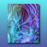 Abstract art canvas print with swooping botanical elements in blue, purple, and teal by Primal Painter. Displayed on a lavender wall. 