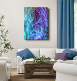 Abstract art canvas print with swooping botanical elements in blue, purple, and teal by Primal Painter. Displayed on a lavender wall. Hanging above a white couch