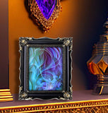 Swirling abstract art in purples, blues, and teal with vague impressions of flowers and foliage displayed in a black frame on a shelf