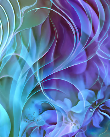 Swirling abstract art in purples, blues, and teal with vague impressions of flowers and foliage