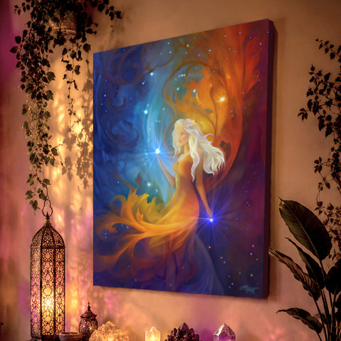 Vivid goddess art canvas print by Primal Painter called Nebula in hot reds, warm oranges and celestial blue with stars