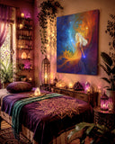 Vivid goddess art canvas print by Primal Painter called Nebula in hot reds, warm oranges and celestial blue with stars. Hanging in a bohemian wellness center with candles