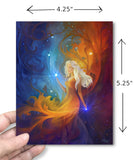 Art print of a woman with flowing hair against a colorful abstract background held by a hand with dimensions.
