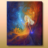Vivid goddess art canvas print by Primal Painter called Nebula in hot reds, warm oranges and celestial blue with stars