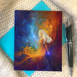 Mini goddess art story card called Nebula by Primal Painter and displayed with a teal envelope