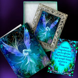 Framed mini fairy art gift set including an illustrated story card with a quote and lore by Nyx Nightbloom and an affirmation card. Gift box included