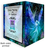 Front and back of a Blue, purple, and black ethereal  fairy art  greeting card with art nouveau flourishes and a feathery border by Primal Painter