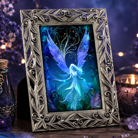 Framed mini fairy art print called Nyx Nightbloom by Primal Painter in a mystical setting. 