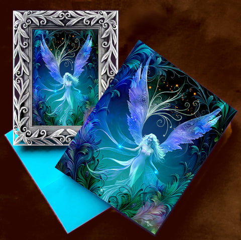 Framed artwork of a fairy with blue wings and a matching greeting card; art by Primal Painter. 