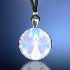 handmade round necklace with a Reiki-inspired art print sealed under glass of a crown chakra white and white angel by Primal Painter