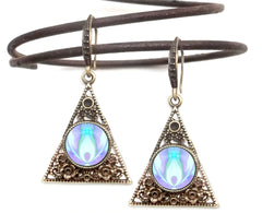 triangle dangle earrings with lacy bronze filligree and featuring white and violet abstract angel art print sealed under a glass dome by Primal Painter