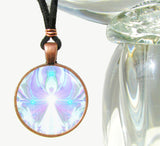 handmade round necklace with a Reiki-inspired art print sealed under glass of a crown chakra white and white angel