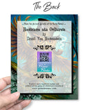 The back of a Colorful greeting card of an outraged steampunk owl wearing a tophat; Hooticisms by Druid Von Hootenstein. QR code for Primal Painter. 