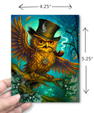 Dimensions of a Colorful greeting card of an outraged steampunk owl wearing a tophat, feathers flying, against a twilight dreamscape forest created by Primal Painter.  