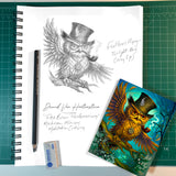 Pencil sketch of an outraged steampunk owl with outspread wings, feathers flying with the finished full color greeting card below. 