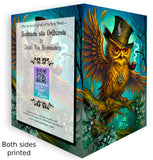 Front and back of a Colorful greeting card of an outraged steampunk owl wearing a tophat, feathers flying, against a twilight dreamscape forest created by Primal Painter. 