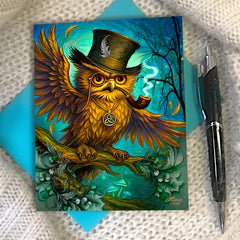 Colorful greeting card of an outraged steampunk owl wearing a tophat, feathers flying, against a twilight dreamscape forest created by Primal Painter. 