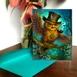 Colorful greeting card of an outraged steampunk owl wearing a tophat, feathers flying, against a twilight dreamscape forest created by Primal Painter. 