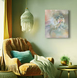 Abstract art canvas print called by Pele by Primal Painter featuring the Hawaiian goddess in pastel earth tones. Hanging over a cozy chair