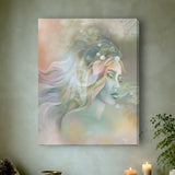 Abstract art canvas print called by Pele by Primal Painter featuring the Hawaiian goddess in pastel earth tones. 