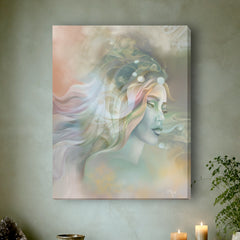 Abstract art canvas print called by Pele by Primal Painter featuring the Hawaiian goddess in pastel earth tones. 
