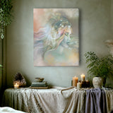 Abstract art canvas print called by Pele by Primal Painter featuring the Hawaiian goddess in pastel earth tones. Hanging over a dresser with candles and books