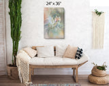 Abstract art canvas print called by Pele by Primal Painter featuring the Hawaiian goddess in pastel earth tones. Hanging over a couch
