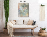 Abstract art canvas print called by Pele by Primal Painter featuring the Hawaiian goddess in pastel earth tones. Hanging over a couch