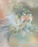 Abstract modern art in pale aqua, taupe, and peach of the goddess Pele with flowing hair by Primal Painter. 