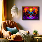 An angel lifts a blazing yellow starburst overhead while three small angels gather at her feet, and a crimson and orange blast of energy erupts above it all, raw, fierce, and luminous. Art print called Phoenix Rising  by Primal Painter. Framed hanging over a cozy chair