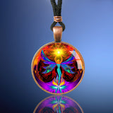 Phoenix Rising wearable art necklace in a round copper colored setting