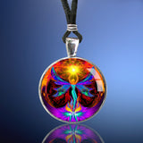 Phoenix Rising wearable art necklace in a round silver setting