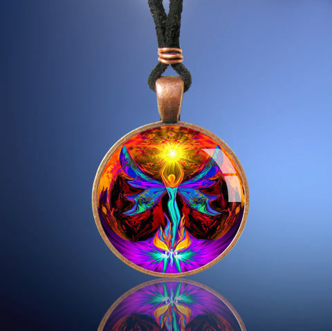 round antique copper necklace featuring psychedelic angel art by Primal Painter