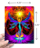 Phoenix Rising art card. Psychedelic angel art by Primal Painter with dimensions.
