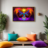 An angel lifts a blazing yellow starburst overhead while three small angels gather at her feet, and a crimson and orange blast of energy erupts above it all, raw, fierce, and luminous. Art print called Phoenix Rising  by Primal Painter. Framed over a meditation space with colorful pillows.