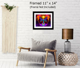An angel lifts a blazing yellow starburst overhead while three small angels gather at her feet, and a crimson and orange blast of energy erupts above it all, raw, fierce, and luminous. Art print called Phoenix Rising  by Primal Painter. Framed over a chair, 11x14